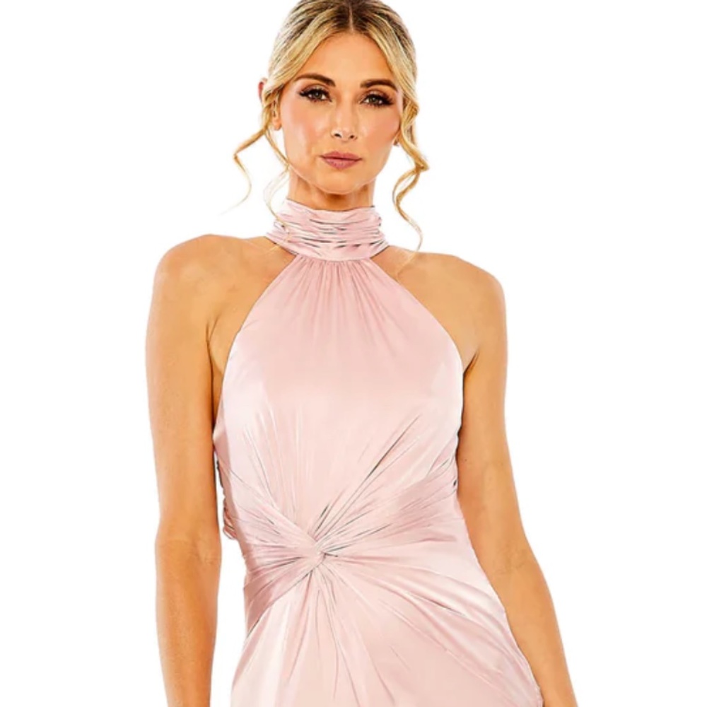 Mac Duggal Open Back High Neck Side Ruched Gown Shell Pink Size 6